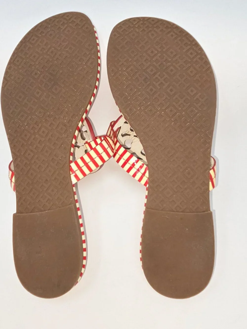 Tory Burch Miller Red/Cream Patent Striped Sandal, Size 7M
